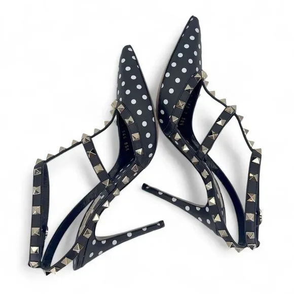 VALENTINO GARAVANI Black Ankle Strap Rockstud White Polkadot Sandals Siz… - Picture 9 of 15